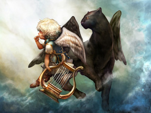 Картинка аниме -angels+&+demons арфа крылья пантера животное ангел парень gd choco арт