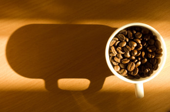 обоя еда, кофе,  кофейные зёрна, чашка, тень, зёрна, coffee, свет
