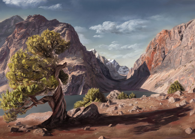 Обои картинки фото рисованные, природа, дерево, горы