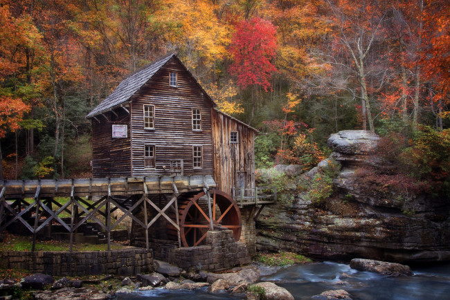 Обои картинки фото разное, мельницы, мельня, река, лес, осень