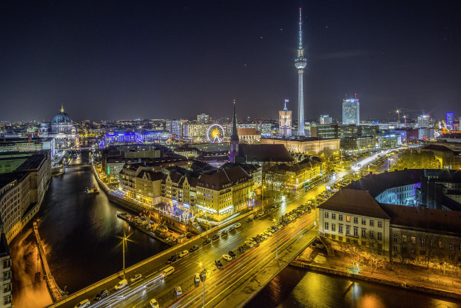 Обои картинки фото города, берлин , германия, берлин, огни, ночь, телебашня