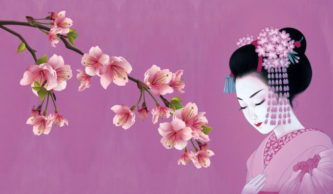Обои картинки фото векторная графика, люди , people, японка, арт, канзаши, девушка, сакура, весна, кимоно, традиция