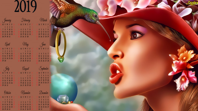 Обои картинки фото календари, фэнтези, лицо, птица, цветы, кольцо, шляпа, девушка