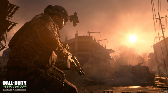 Обои картинки фото видео игры, call of duty 4,  modern warfare, солдат, оружие, город, стройка