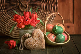 Картинка праздничные пасха цветы яйца весна тюльпаны red love happy heart flowers tulips spring easter eggs decoration
