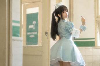 Картинка девушки chun+momo chun momo женщины модель азиатка косплей медсестры наряд больница в помещении два хвостика платье