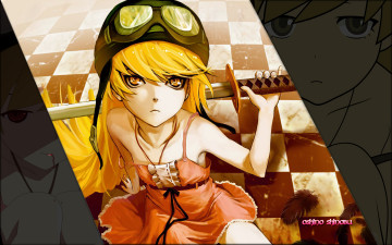 Картинка аниме bakemonogatari oshino+shinobu девушка платье шлем клетчатый+пол катана оружие перья