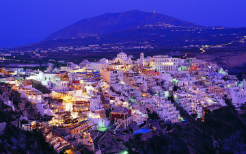 Картинка остров санторини города греция горы огни город ночь