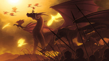 Картинка фэнтези драконы сражение крылья копья