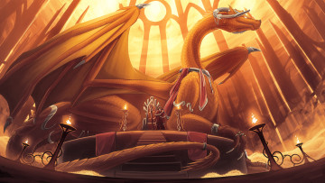 Картинка фэнтези драконы трон маг посох крылья зал