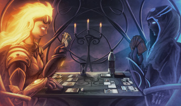 Картинка фэнтези маги игра карты свечи часы бутылка огонь