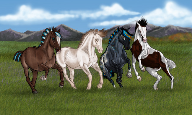 Обои картинки фото рисованные, животные, лошади, луг