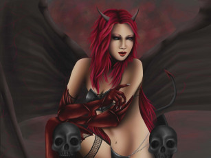 Картинка фэнтези демоны черепа девушка демон крылья
