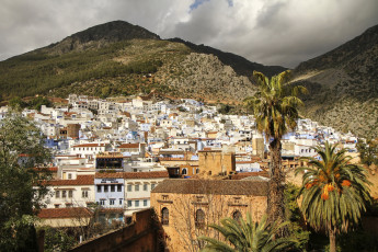 обоя шефшауен  марокко, города, - панорамы, пальмы, горы, дома, марокко, шефшауен