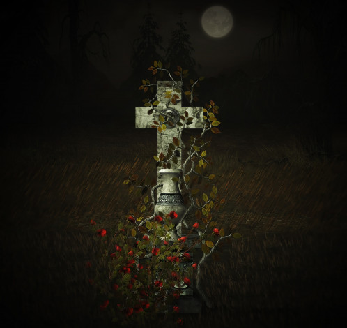 Обои картинки фото 3д графика, ужас , horror, ночь, луна, цветы, крест