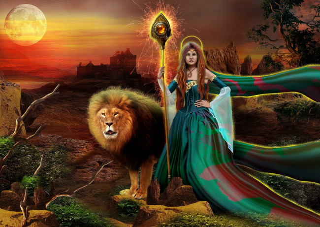 Обои картинки фото фэнтези, красавицы и чудовища, девушка, посох, лев