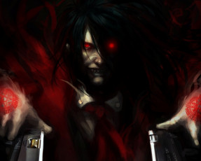 Картинка аниме hellsing vampire вампир парень арт leopinheiro пентаграммы пистолеты зубы alucard красные глаза