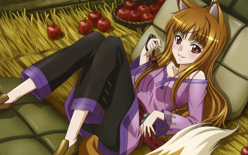 обоя аниме, spice and wolf, horo, spice, and, wolf, девушка, арт, яблоки, ушки
