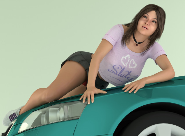 Обои картинки фото автомобили, 3d car&girl, взгляд, фон, автомобиль, девушка
