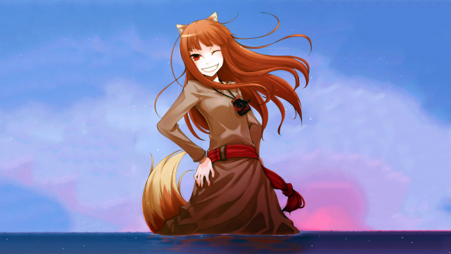 Обои картинки фото аниме, spice and wolf, арт, улыбка, девушка, horo, spice, and, wolf