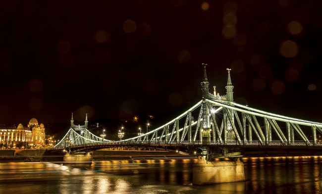 Обои картинки фото freedom bridge,  budapest,  hungary, города, будапешт , венгрия, ночь, мост, огни