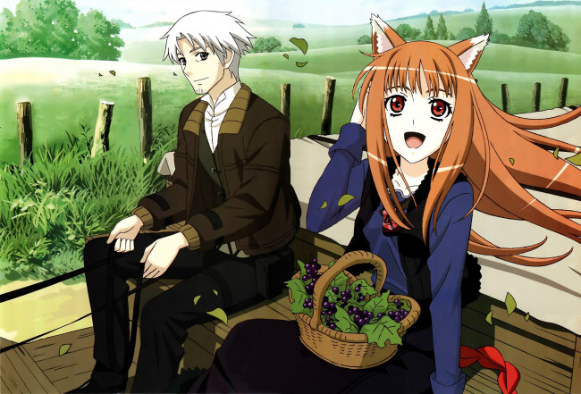 Обои картинки фото аниме, spice and wolf, spice, and, wolf, девушка, парень, ягоды, horo, повозка, корзинка, craft, lawrence
