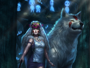 Картинка аниме mononoke+hime взгляд princess mononoke шкура волк лес девушка арт