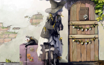 Картинка аниме животные +существа дверь дом шляпа кошки ведьма девочка чемодан