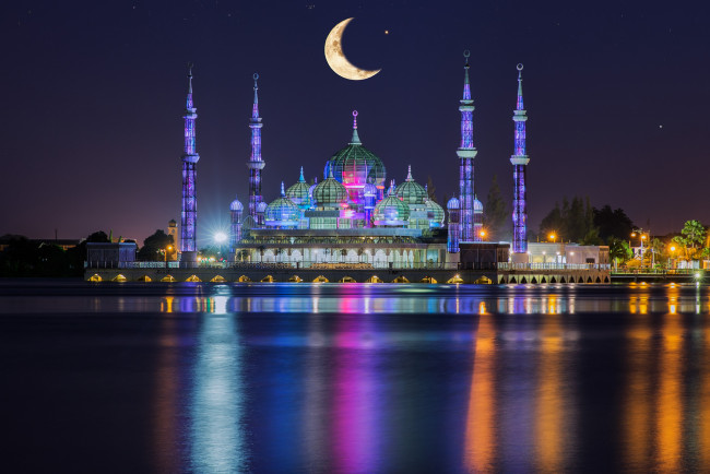 Обои картинки фото crystal mosque in kuala terengganu,  malaysia, города, - мечети,  медресе, мечеть, ночь