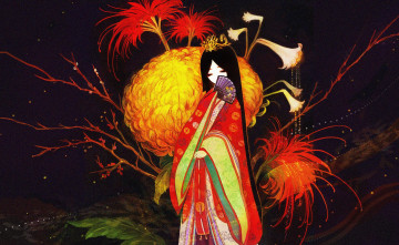 Картинка аниме unknown +другое корона гейша букет веточки кимоно веер ночь длинные волосы хризантема ликорис
