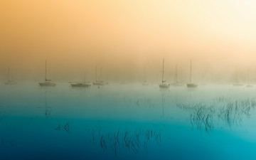 Картинка корабли Яхты яхты суда утро туман рассвет озеро