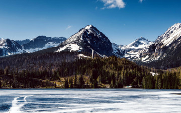 Картинка природа пейзажи снег горы вершины озеро лес