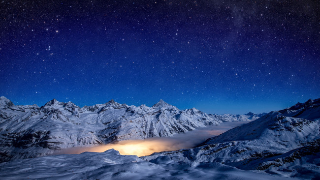 Обои картинки фото природа, горы, stars, light, pennine, alps, sky, snow, gornergrad, winter, lagoon, nebula, gorner, glacier, night, switzerland, zermat