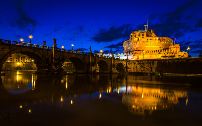 Обои картинки фото города, рим,  ватикан , италия, небо, река, тибр, замок, святого, ангела, мост, облака