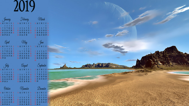 Обои картинки фото календари, 3д-графика, камень, песок, calendar, берег, планета, водоем
