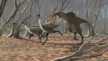 обоя рисованное, животные,  доисторические, динозавр, охота, птицы, лес, осень