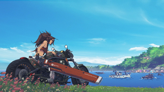 Обои картинки фото аниме, оружие,  техника,  технологии, девушка, мотоцикл, корабли