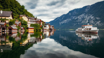 Картинка города гальштат+ австрия горы озеро панорама