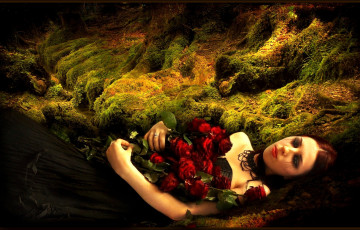 Картинка фэнтези девушки грусть розы мох