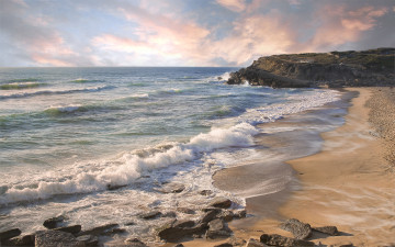 обоя pastel, shore, природа, побережье, пляж, пена, море, волны