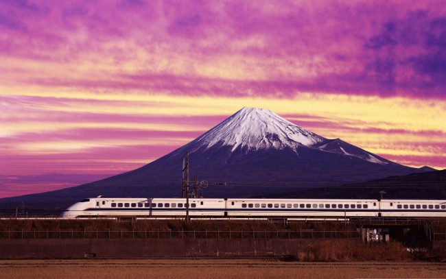 Обои картинки фото фудзияма, техника, поезда, скоростной, поезд, фудзи, Япония