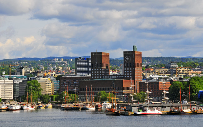 Обои картинки фото норвегия, осло, города, причал, корабли, дома, река