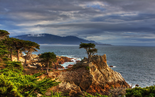 Обои картинки фото view, point, природа, побережье, море, панорама, горы, деревья