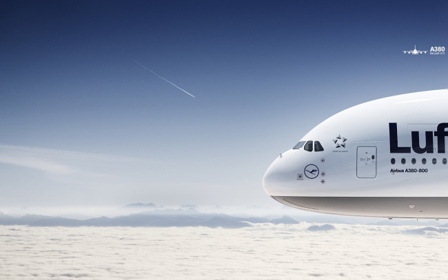 Обои картинки фото авиация, 3д, рисованые, v-graphic, небо, самолет, аэробус, полет, облака