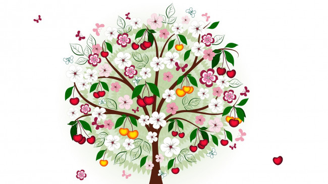 Обои картинки фото векторная графика, природа , nature, ягоды, дерево, бабочки