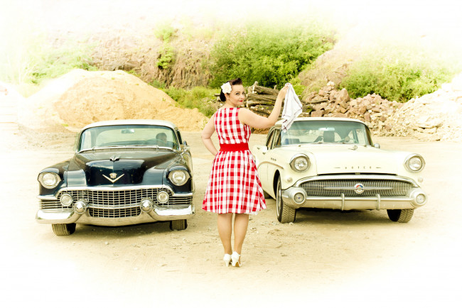 Обои картинки фото автомобили, -авто с девушками, платье, buick, deville, cadillac