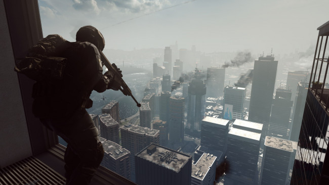 Обои картинки фото видео игры, battlefield 4, снайпер, винтовка, город, окно, позиция