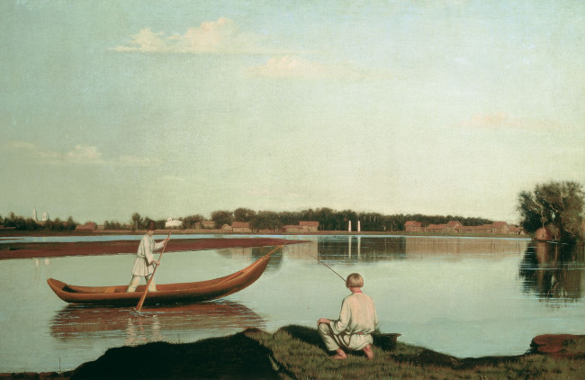 Обои картинки фото рыбаки - вид в спасском, рисованное, григорий сорока, рыбаки, лодка, река, поселок