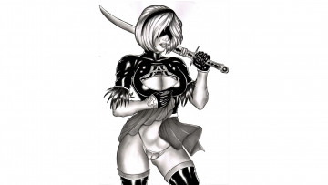Картинка видео+игры nier +automata девушка фон маска меч