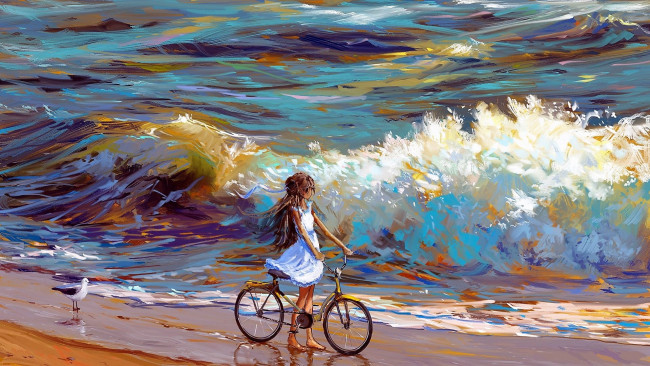 Обои картинки фото рисованное, люди, девочка, велосипед, море, берег, волны